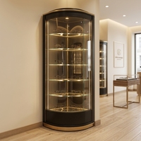 Matt-Schwarzer Goldener Eck-Brillenpräsentationsschrank Gebogenes Glas LED-Regal Optische Einzelhandels-Vitrine