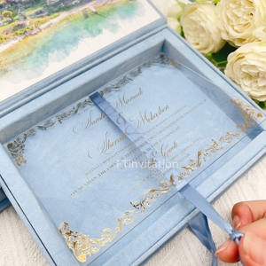 وصول جديد: صندوق دعوة لحفل استقبال المولود باللون الأزرق الفاتح، مصنوع من المخمل مع شعار مخصص للزفاف، وبطاقات دعوة زفاف من الأكريليك الشفاف - Product Image 2