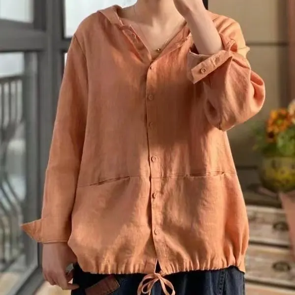 Wholesale custom casual linen blouse OEM women hood linen cotton shirt women long sleeve top wear clothing