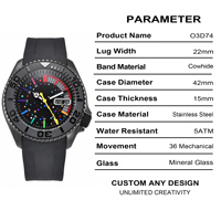 Montre de plongée automatique personnalisée pour homme avec cadran arc-en-ciel, boîtier noir mat, bracelet en cuir noir, lumineuse, étanche 50M, avec logo