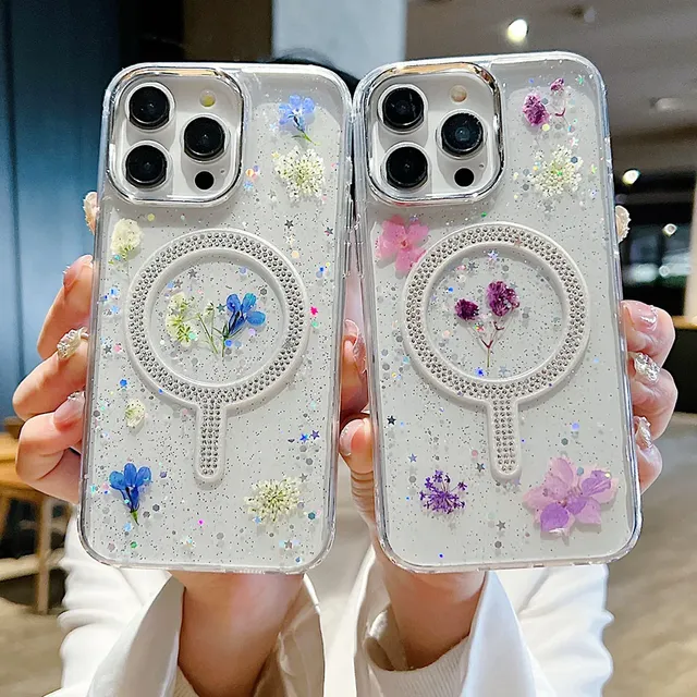 Real Dry Flower Glitter Diamond Magnetic Phone Case for iPhone 15 13 12 14 Pro Max Wireless Charge Cover Shockproof