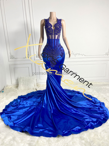 MF Royal Blue Satin Beaded Crystal Teenagers Quinceanera Maxi Ball Gown Sweep Train Party Dress - Product Image 3