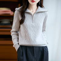 Shengrui Damen-Pullover mit Umlegekragen aus 100% Reiner Wolle, Lässig, Knitterfrei, für Herbst und Winter, Locker Geschnitten, Verdickt, Gestricktes Innenfutter