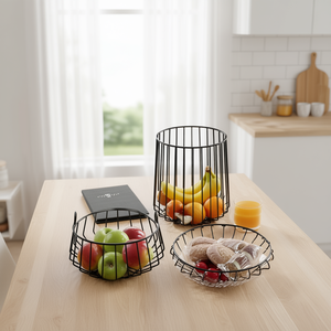 Set di 3 Cestini per Frutta in Filo Metallico Nero, Organizzatori da Cucina Rotondi per Frutta e Snack, Design Minimalista - Product Image 3
