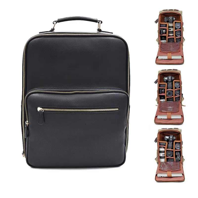 Professional high-end video leather shoulder bag separate pockets travel outdoor shockproof digital gear   camera backpack