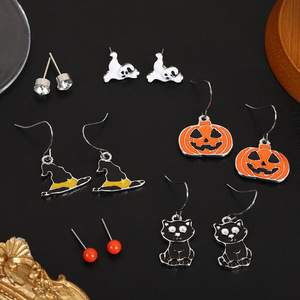 Ensemble de boucles d'oreilles en alliage Halloween, pendentifs citrouille, crâne, fantôme, bijoux de fête pour femmes, été 2024, origine Yiwu - Product Image 3