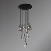 Lustre LED moderne à cadre noir en verre cristal taillé, suspension linéaire en grappe pour îlot de cuisine et salle à manger