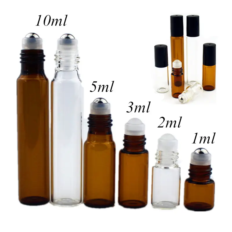 1ml 2ml 3ml 5ml 10ml Ambre Mince Bocal En Verre Rouleau sur Bouteille Échantillon D'essai de Fioles D'huile Essentielle avec Rouleau En Métal/Boule de Verre