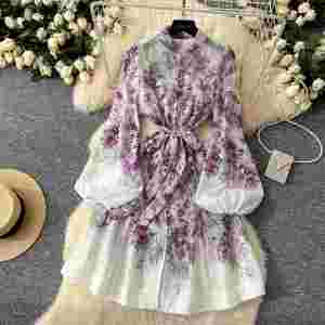 Vestido Midi Casual de Primavera Estilo Americano con Cuello Mao para Mujer, Manga Linterna, Estampado de Encaje, Morado - Product Image 4