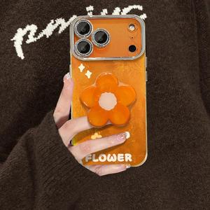 Nuova custodia per telefono con laccetto e motivo floreale <span class=keywords><strong>arancione</strong></span> effetto ghiaccio per <span class=keywords><strong>iPhone</strong></span> 17 16 15 Pro Max, con cornice glitterata argentata per la protezione della lente - Product Image 4