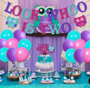 Décorations <span class=keywords><strong>de</strong></span> fête d'anniversaire 1ère et 2ème anniversaire sur le thème du Hibou : Bannières suspendues 'Whoo Is TWO', Guirlande <span class=keywords><strong>de</strong></span> drapeaux, Ballons en latex à l'hélium, Décorations pour cupcakes et gâteaux - Product Image 3