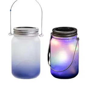 wholesale Sublimation glass cup Custom Logo color frosted glass solar LED Light sublimation Mason jar with hemp cord at night