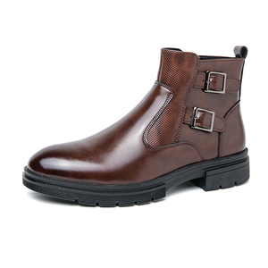 Bottes <span class=keywords><strong>Martin</strong></span> en cuir brillant à double boucle et fermeture éclair pour hommes, semelle épaisse, idéales pour les trajets quotidiens et un usage professionnel décontracté toute saison - Product Image 1