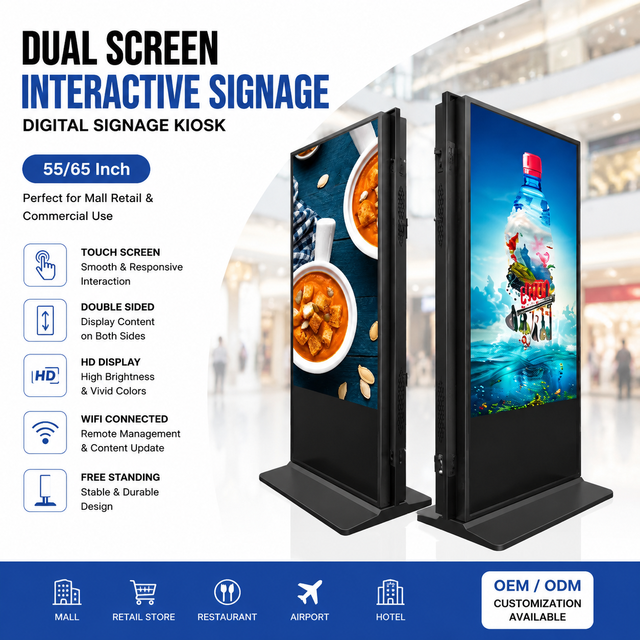 Dual Screen Interactive Signage 55/65 Inch Double Sided Touch Screen Free Standing Digital Signage Kiosk for Mall Retail