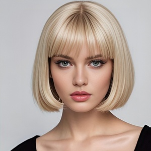 Perruque <span class=keywords><strong>courte</strong></span> et droite pour femme, style bob, en fibre haute température, fabriquée à la machine, style européen et américain, volumineuse, <span class=keywords><strong>avec</strong></span> <span class=keywords><strong>frange</strong></span> aérienne - Product Image 4
