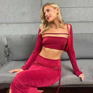 Conjunto de tres piezas de terciopelo para mujer, sin tirantes, manga larga, espalda descubierta, color sólido, traje informal transpirable FD9631 - Product Image 1