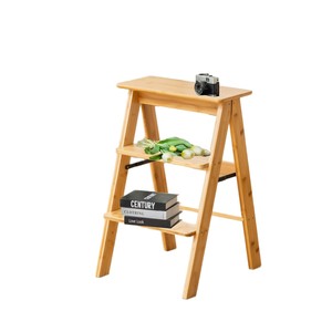 Folding Ladder Stool Wooden 3-Tier Shelf <b>Foldable</b> Storage <b>Step</b> Stool For Home Office Living Room - Product Image 5