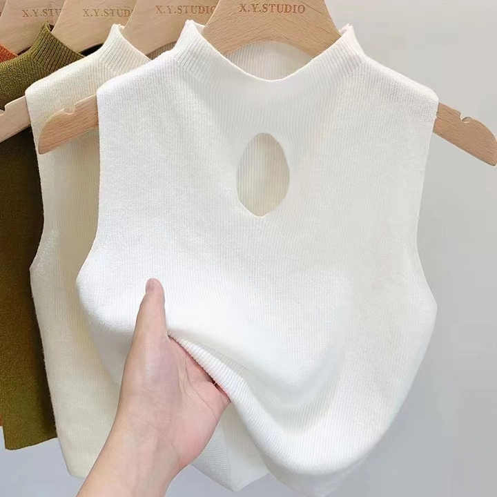 RNSHANGER Fashion Half Turtleneck Hollow Out Knitted Tank Top Summer