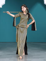 Robe de danse orientale Baladi Saidi pour femmes - Galabeya noire à rayures dorées et manches évasées, costume de danse orientale pour la performance et la pratique