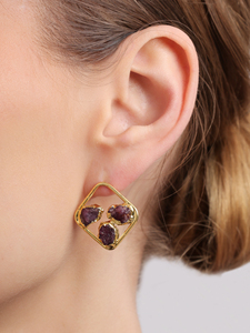 Crimson Crag Stud Earrings Raw Garnet Look Geometric Square <b>Gold</b> <b>Frame</b> Natural Stone Fashion Jewelry for Women - Product Image 5