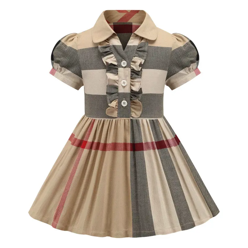 Children 100% Cotton Short-sleeved Korean Dress Girls Casual Plaid Dresses for girls Kids 7-8T