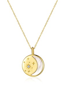 Gioielli alla Moda, Collana con Ciondolo Luna e Stella in Perla Bianca, Catena a Maglia Placcata Oro in Argento Sterling 925 per Donne - Product Image 6