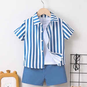 Summer Children's Clothing <strong>Boy</strong> Suit Blue White Contrast Color Short Sleeve Shirt Casual Shorts Two-Piece <strong>Boy</strong> Clothing Set - Product Image 1