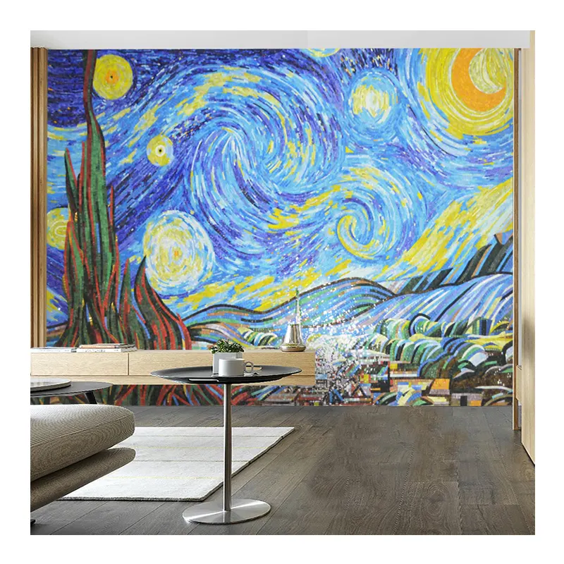 ZF Custom Van Gogh Starry Sky oil painting handmade mosaic wall mural design glass wall art decoration