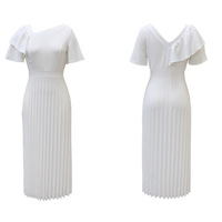 Benutzer definierte einfarbige einfache bescheidene lange Maxi einteilige Kleider Lady Taille Slim Fit Rüschen kurz ärmel ige gepresste Plissee Kleid Frauen
