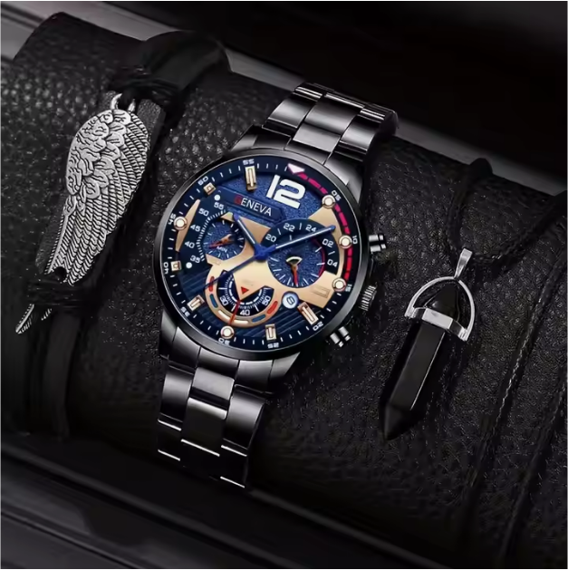Luxury 3pcs Watch for Men Stainless Steel Quartz Watch Man Business Watches With Wing Bracelet Pendant Necklace Sets