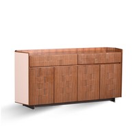 Buffet de luxe en cuir tressé avec verre trempé et décor en acier inoxydable, meuble de salle à manger
