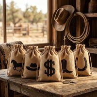 Sac à monnaie en toile de jute et denim style western américain, imprimé dollar, thème vintage, sac cadeau pour événement, avec cordon de serrage, personnalisable, vente en gros