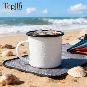 Tazas de Esmalte Blancas para Sublimación de 12 oz con Borde Negro, <span class=keywords><strong>Precio</strong></span> Directo de Fábrica Topjlh, Logotipo Personalizado para Cocina, Venta al por Mayor, Camping - Product Image 1