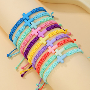 Hot Sale Simple Fashion Woven Wax <b>Rope</b> Adjustable Beach Surf Acrylic Cross <b>Bracelet</b> for Women Men - Product Image 3