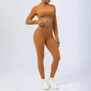 SM2326 женский дышащий Быстросохнущий костюм для йоги с перекрестной талией и длинным рукавом комплект из двух предметов для спорта и фитнеса на открытом воздухе