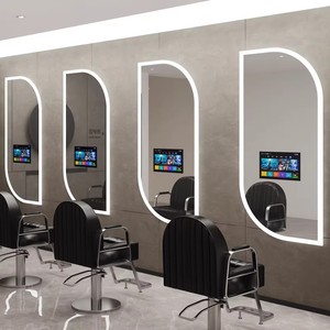 Semplice Postazione da Barbiere in Acciaio Inox, Attrezzatura per Salone, Specchio per Parrucchiere con TV e Luci da Parete - Product Image 4