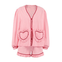 Gladde op maat gemaakte logo OEM ODM dames Valentijns pyjamaset lange mouwen shorts ademende lente zomer slaapkledij fabrikant