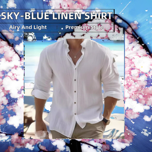 เสื้อเชิ้ตผู้ชายสีฟ้ากรมท่า ผ้าฝ้ายผสมใยไผ่ ซาติน คอตั้ง ติดกระดุม ระบายอากาศได้ดี แบบสั่งตัดพิเศษ - Product Image 2