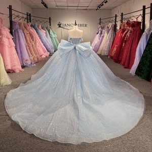 1591 Stunning Blue off Shoulder Embroidery Crystal Tassel Corset <b>Quinceanera</b> Ball Gown Chapel Train <b>Dresses</b> for 15 Girls - Product Image 4