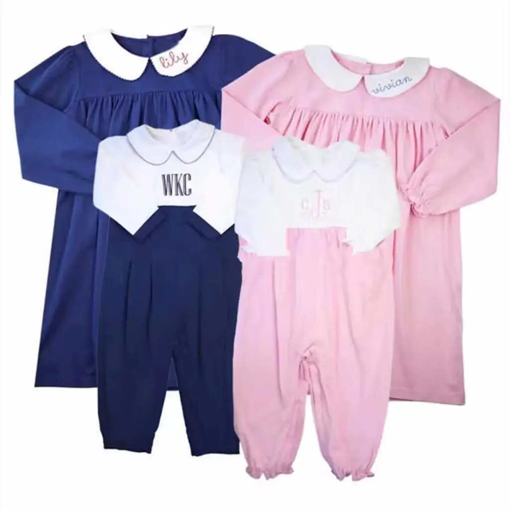 Monogram little girl long sleeve navy dress pan collar baby matching rompers fall winter outfit smocked dresses
