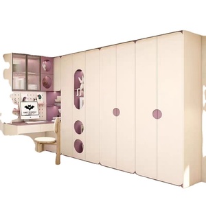 Ensemble de meubles de chambre d'enfant rose et blanc, armoire et bureau combinés, en bois massif, moderne, minimaliste, écologique et durable - Product Image 2