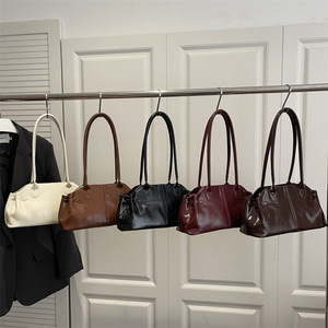 Women Glossy Leather Shoulder <b>Bag</b> Retro Solid Color Underarm Handbag Daily Casual <b>Tote</b> Purse - Product Image 1