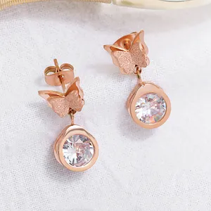 Beakwind wholesale Fashion jewelry Vintage Zircon Dangle Drop Butterfly Stud earrings Gold Plated stainless steel For women