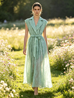Nouvelle Robe Longue Midi Vintage Printemps-Été 2027 avec Col Revers, Broderies Florales Unies et Ceinture