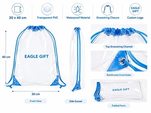 Sacs à cordon transparents en PVC avec logo personnalisé pour le sport, la natation, la plage, sac à dos transparent, sac à dos à cordon - Product Image 5