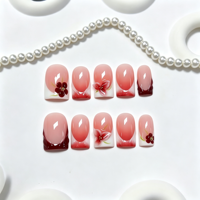 Faux Ongles à Presser en Acrylique Français Rouge Dégradé Faits Main, Peints à la Main en 3D avec Fleurs Rouges, Forme Carrée Moyenne, Style Doux, Fournitures de Salon, Vente en Gros