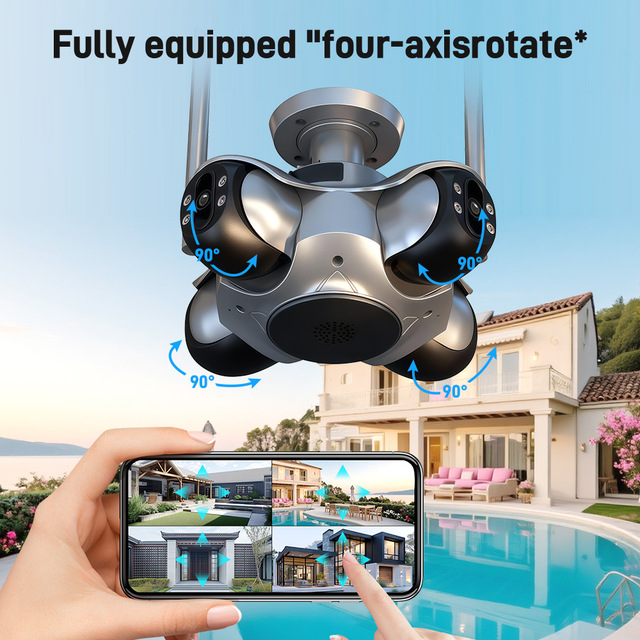 SZGOING Four-lens 360 Panoramic PTZ Security Camera Night Vision IP66 Weatherproof H.265 Compression Remote Mobile Phone