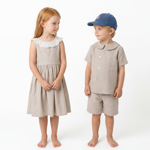 Ensemble assorti personnalisé en coton et <span class=keywords><strong>lin</strong></span> pour garçons, avec chemise à col Peter Pan et <span class=keywords><strong>short</strong></span>, idéal pour l'été - Product Image 1