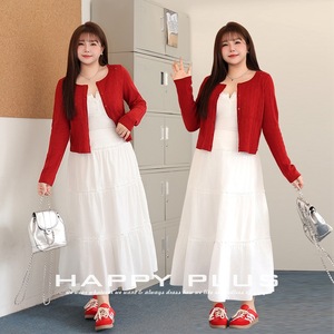 Conjunto de Cárdigan Tejido para Mujer Happy Plus, Color Rojo Cereza y Blanco, Diseño Calado con Botones, Manga Larga, Talla Grande, Estilo Escolar - Product Image 3