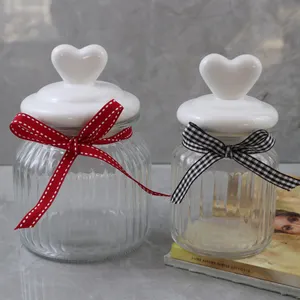 ceramic heart head cover glass storage jar valentine day heart glass cookie jar with many capacity glass bottle